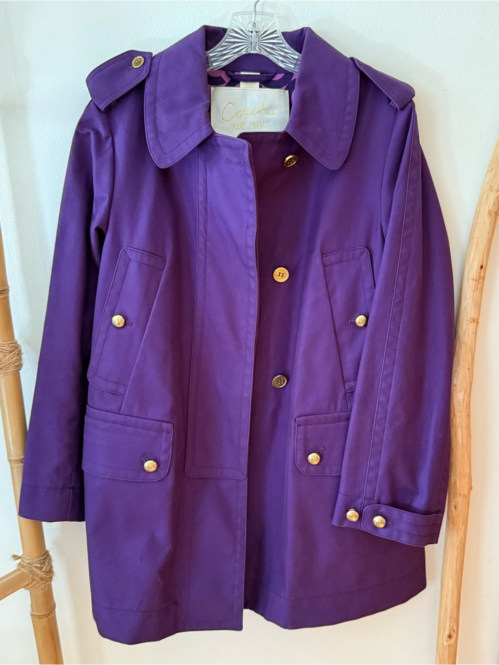 Coach Purple Trench Coat Women's Size Small, Gold Buttons, Logo Print